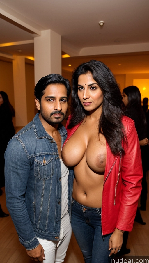 ai nude image of araffes with a man and a woman posing for a picture pics of Woman + Man Perfect Boobs Beautiful Big Ass Thick Big Hips Perfect Body 30s Sexy Face Shocked Serious Black Hair Indian Surrealist Party Front View Jacket Jeans Leather Salwar Detailed