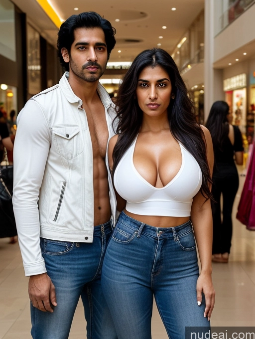 ai nude image of araffes and a man standing next to each other in a mall pics of Woman + Man Perfect Boobs Beautiful Big Ass Thick Big Hips Perfect Body Pubic Hair 30s Sexy Face Shocked Serious Black Hair Indian Surrealist Mall Front View Jacket Jeans Leather Tank Top Bright Lighting Detailed