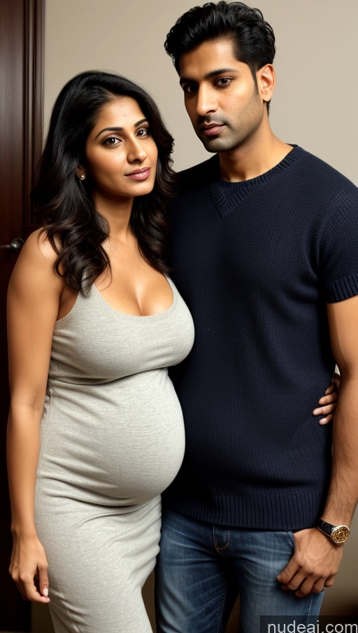 ai nude image of pregnant woman in a grey dress standing next to a man in a black sweater pics of Woman + Man Perfect Boobs Beautiful Big Ass Perfect Body Big Hips Pubic Hair 30s Sexy Face Serious Shocked Indian 3d Front View Dark Lighting Detailed Jeans Salwar Tank Top Sweater Pregnant Dress Bedroom