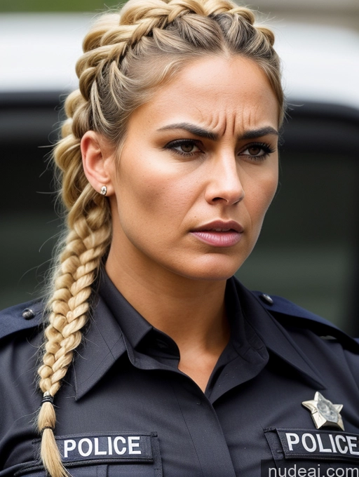 ai nude image of arafed woman in police uniform with braids and a police badge pics of Angry Police Perfect Boobs Perfect Body 30s Braided Blonde Dark Skin Pubic Hair Cleavage