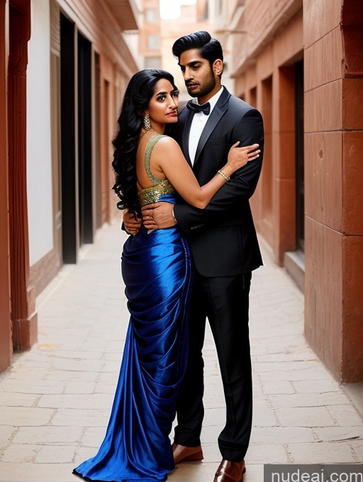 ai nude image of araffes dressed in a blue dress and a man in a tuxedo pics of Woman + Man Perfect Boobs Beautiful Big Ass Thick Big Hips Perfect Body 30s Sexy Face Shocked Serious Black Hair Indian Surrealist Street Front View Straddling Salwar Sari Suit Satin Detailed