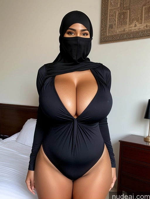 ai nude image of araffe wearing a black bodysuit and a black mask pics of Huge Boobs Big Hips Niqab Partially Nude Onesie