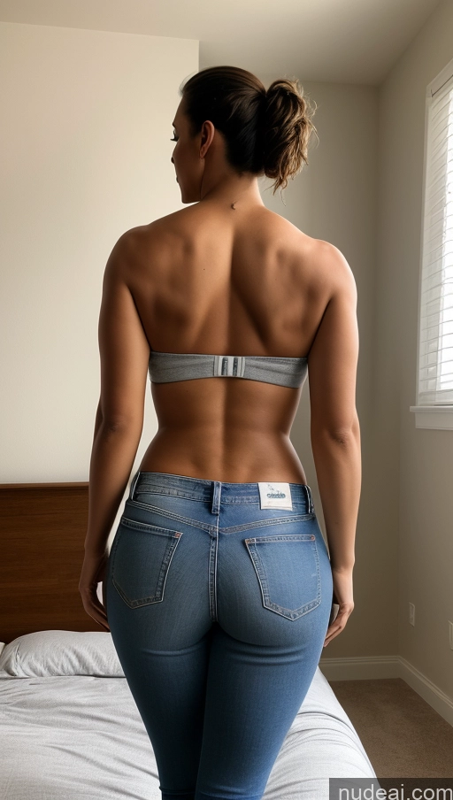 ai nude image of arafed woman in jeans standing on a bed with a white sheet pics of Athlete Big Ass Big Hips Bedroom Jeans Back View