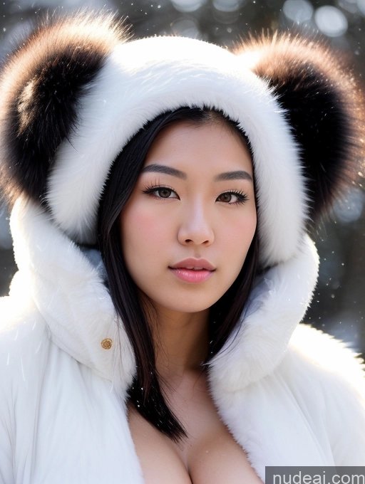 ai nude image of araffe asian woman in a white fur coat and a black and white hat pics of Perfect Body Huge Boobs Pouting Lips Angel Gold Jewelry Black Hair Long Legs 18 Pubic Hair Straight Muscular Japanese Cleavage Fur Snow