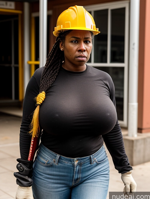 ai nude image of there is a woman wearing a hard hat and jeans walking down the street pics of Busty Dark Skin Serious Angry Braided Black Street Huge Boobs Big Ass Big Hips 50s Boots Construction Worker Gloves Abs Tall Pubic Hair