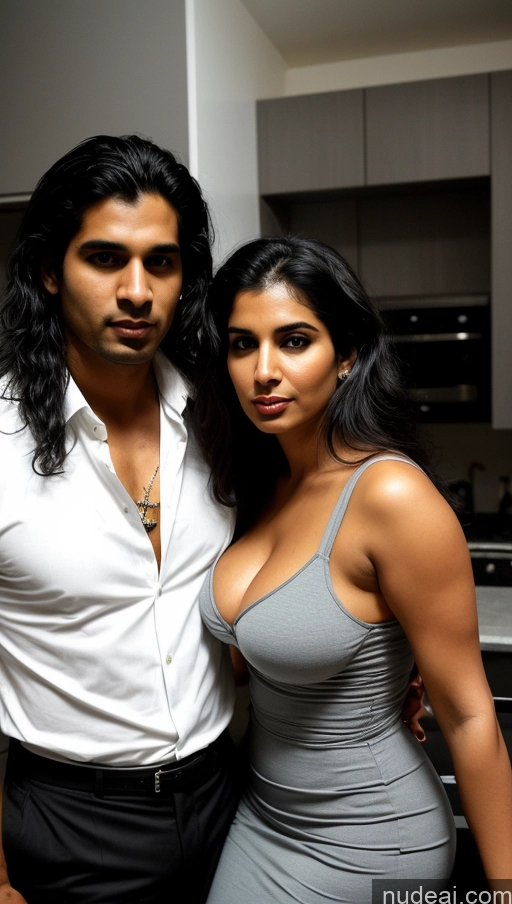 ai nude image of there is a man and woman posing for a picture in a kitchen pics of Woman + Man Perfect Boobs Beautiful Big Ass Thick Big Hips Perfect Body 30s Sexy Face Shocked Serious Black Hair Indian Front View Detailed Dark Lighting Bright Lighting Surrealist 90s Kitchen