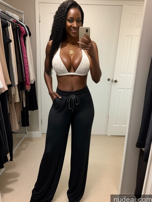 ai nude image of araffe woman taking a selfie in a white bra top and black pants pics of Big Ass Perfect Body 40s African Harem Pants Changing Room Close-up View