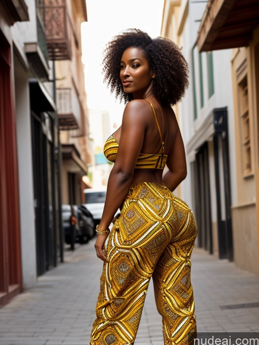 ai nude image of araffe woman in a yellow and gold outfit standing on a sidewalk pics of Big Ass Perfect Body 40s African Harem Pants Close-up View Thick Street Bright Lighting