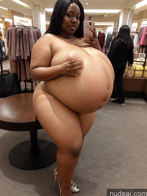 ai nude image of araffe woman in high heels taking a selfie in a store pics of Huge Boobs Big Ass Thick Chubby Fat Big Hips Pregnant Dark Skin Black Dark_Fantasy_Style Belly Inflation, Cuminflation, Overeating Mall