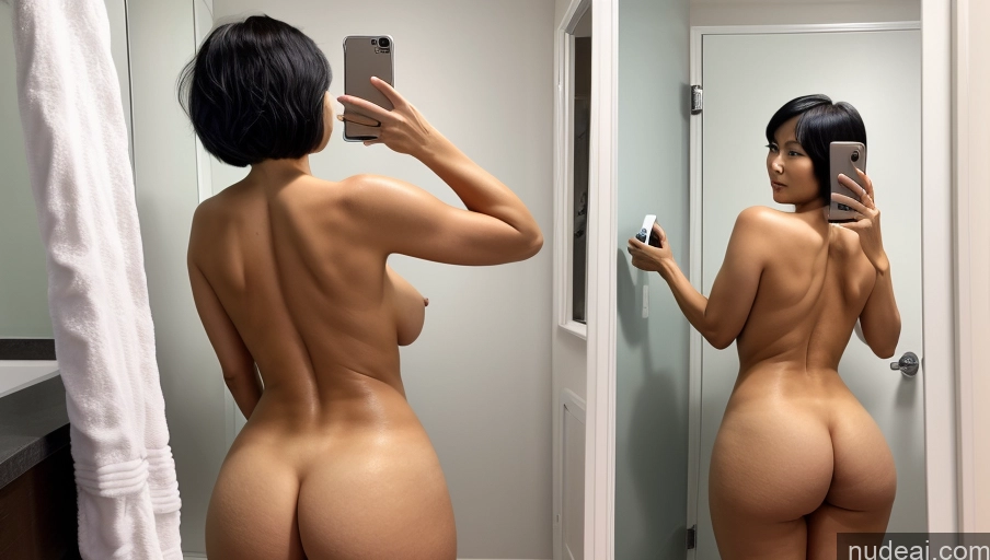 ai nude image of araffed woman taking a picture of herself in the mirror pics of Milf One Huge Boobs Big Ass Perfect Body 30s Sexy Face Black Hair Short Hair Asian Mirror Selfie Bathroom Back View Nude