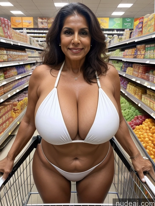 ai nude image of a woman in a white bikini is standing in a grocery cart pics of Milf One Busty Huge Boobs Tanned Skin 60s Indian Grocery Front View Microkini Thong