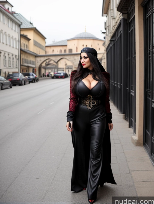 ai nude image of woman in black leather outfit walking down a street in a city pics of Model One Busty Huge Boobs Perfect Boobs Muscular Big Ass Abs Big Hips Huge Tits, Hard Nipples 18 Seductive Sexy Face Black Hair Ottoman Asena Copenhagen Goth Jumpsuit Jacket Leather Jeans Gloves Vampire