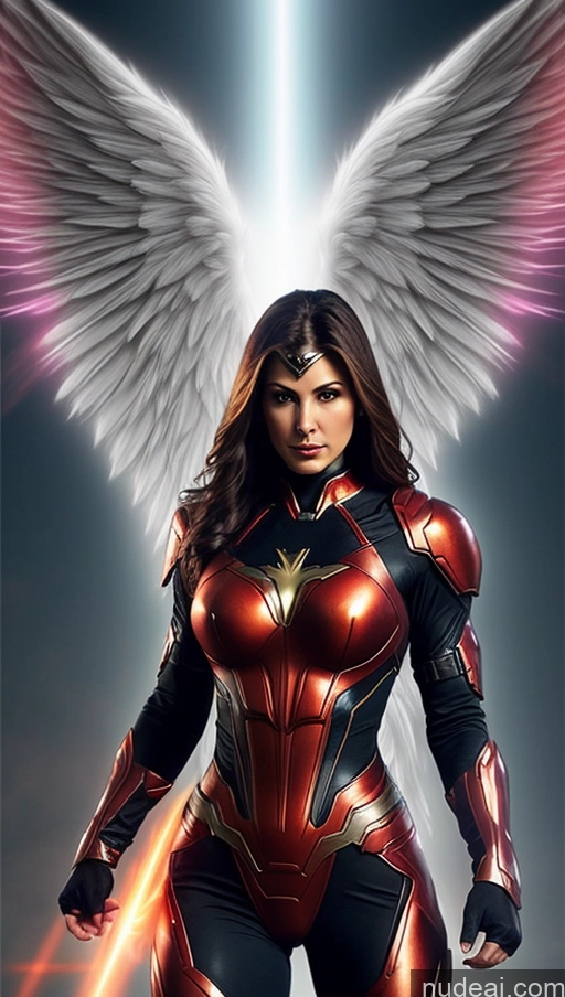 ai nude image of a woman in a red and black costume with wings pics of Vampire Mech Suit Superhero Abs Muscular Busty Angel Powering Up Dynamic View Heat Vision One Detailed Woman