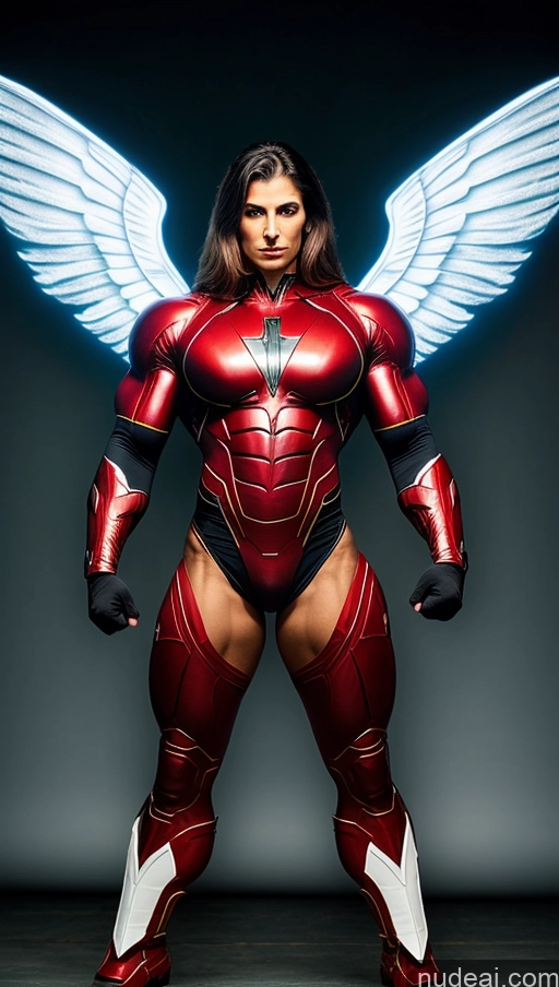 ai nude image of arafed woman in a red and white costume with wings pics of Vampire Mech Suit Superhero Abs Muscular Busty Angel Powering Up Dynamic View Heat Vision Bodybuilder