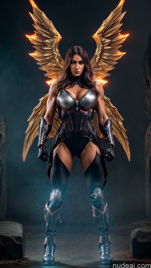 ai nude image of arafed woman in a costume with wings and armor pics of Vampire Mech Suit Superhero Abs Muscular Busty Angel Powering Up Dynamic View Heat Vision Bodybuilder Has Wings