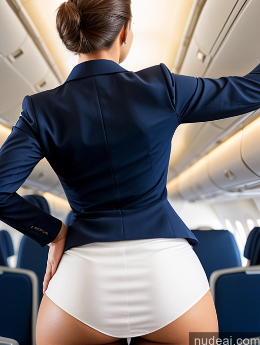 ai nude image of arafed woman in a blue jacket and white skirt on an airplane pics of Big Ass Hair Bun Back View Bending Over Flight Attendant