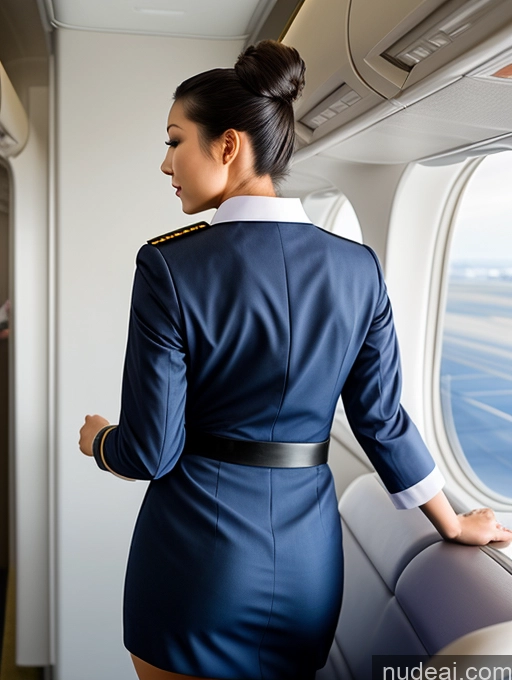 ai nude image of arafed woman in a blue dress looking out of a window pics of Big Ass Hair Bun Back View Bending Over Flight Attendant Asian