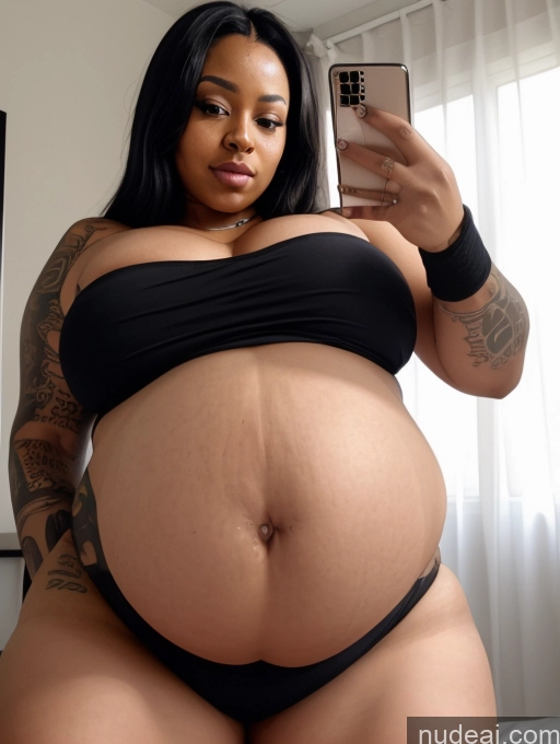 ai nude image of pregnant woman in black bikini taking a selfie with her cell phone pics of Perfect Boobs Big Ass Thick Chubby Fat Big Hips Pregnant Dark Skin Belly Inflation, Cuminflation, Overeating Towel Dark Lighting Detailed Tattoos Mirror Selfie Bedroom African