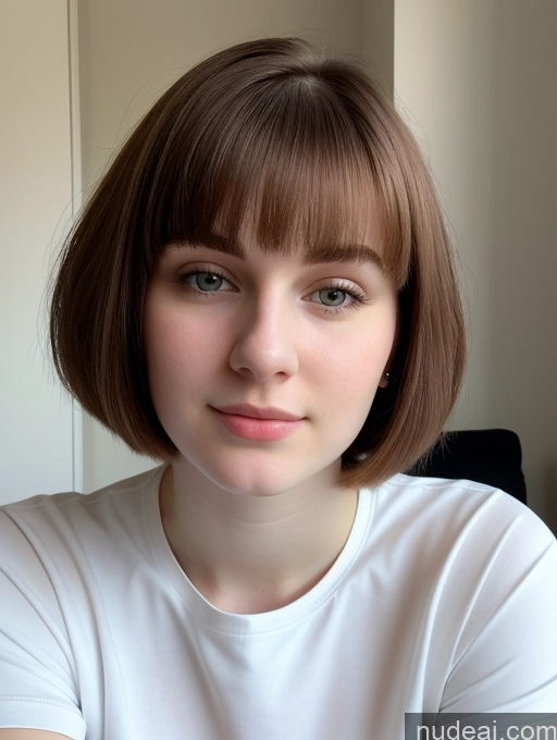 ai nude image of there is a woman with a short brown hair and a white shirt pics of Beautiful Thick Fairer Skin 18 Brunette Bobcut Russian Close-up View Shirt