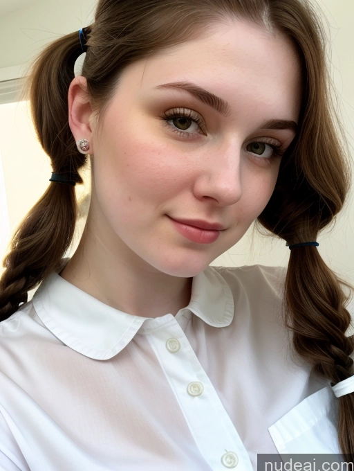 ai nude image of arafed woman with a ponytail and a white shirt holding a cell phone pics of Beautiful Thick Fairer Skin 18 Brunette Pigtails Russian Close-up View Shirt