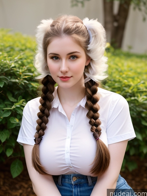 ai nude image of there is a woman with long hair sitting on a bench pics of Beautiful Thick Fairer Skin 18 Brunette Pigtails Russian Shirt Perfect Boobs Busty