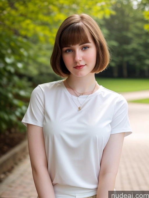 ai nude image of arafed woman in white shirt and tan skirt posing for a picture pics of Beautiful Thick Fairer Skin 18 Brunette Russian Close-up View Shirt Bobcut