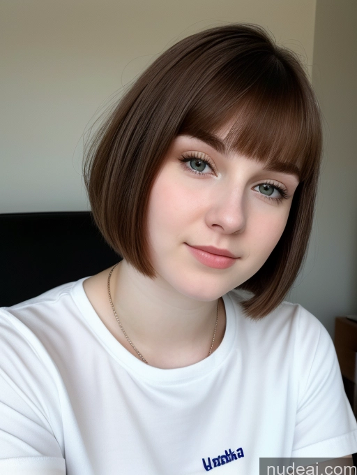 ai nude image of there is a woman with a white shirt and a brown hair pics of Beautiful Thick Fairer Skin 18 Brunette Russian Close-up View Shirt Bobcut