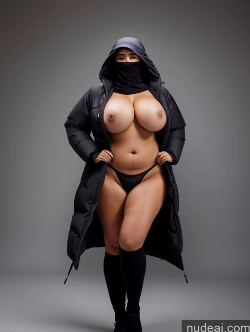 ai nude image of a woman in a black jacket and black boots posing for a picture pics of Huge Boobs Big Hips Niqab Partially Nude Parka