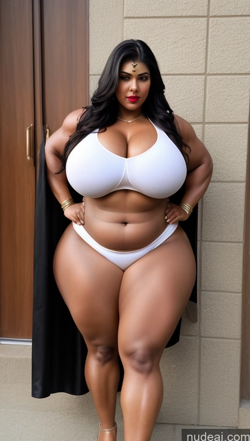 ai nude image of araffe woman in a white bikini posing for a picture pics of Huge Boobs Big Ass Abs Chubby Lipstick Fairer Skin Black Hair Muscular Long Hair Indian Superhero