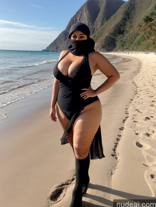 ai nude image of araffe woman in a black swimsuit and a black mask on a beach pics of One Milf Busty Perfect Boobs Big Ass Chubby Perfect Body 40s Happy Black Hair Long Hair Malaysian Beach Front View Niqab High Heels High Socks