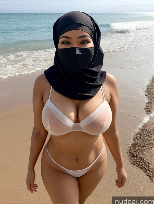 ai nude image of araffe wearing a black scarf and a white bikini on a beach pics of One Milf Busty Perfect Boobs Big Ass Chubby Perfect Body 40s Happy Black Hair Malaysian Beach Front View Niqab High Heels Short Hair Bikini Transparent Face Mask