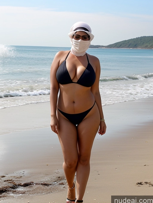 ai nude image of woman in a bikini and a mask walking on the beach pics of One Milf Busty Perfect Boobs Big Ass Chubby Perfect Body 40s Happy Black Hair Malaysian Beach Front View Niqab High Heels Short Hair Bikini Transparent Face Mask