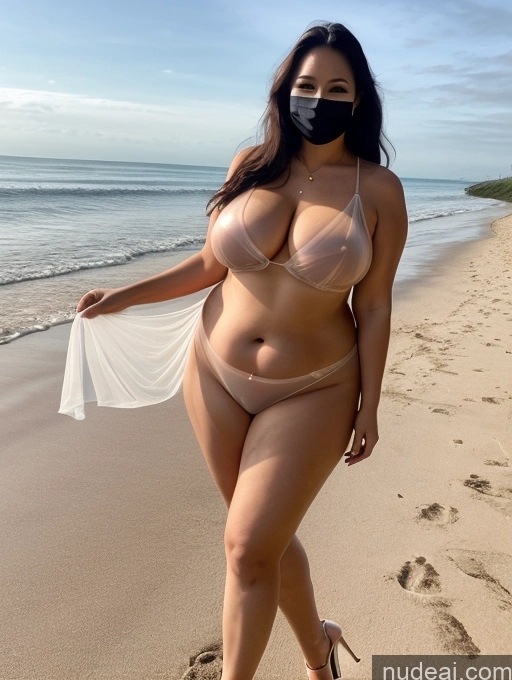 ai nude image of araffe woman in a mask walking on the beach pics of Milf One Busty Perfect Boobs Big Ass Happy Black Hair Malaysian Beach Front View High Heels Face Mask Long Hair Big Hips 40s Transparent Partially Nude Blouse Chubby