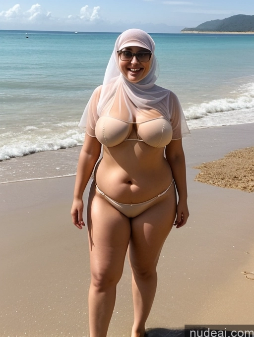 ai nude image of araffe woman in a white hijab on a beach pics of Milf One Busty Perfect Boobs Big Ass Happy Black Hair Malaysian Beach Front View High Heels Long Hair Big Hips 40s Transparent Partially Nude Blouse Chubby Niqab