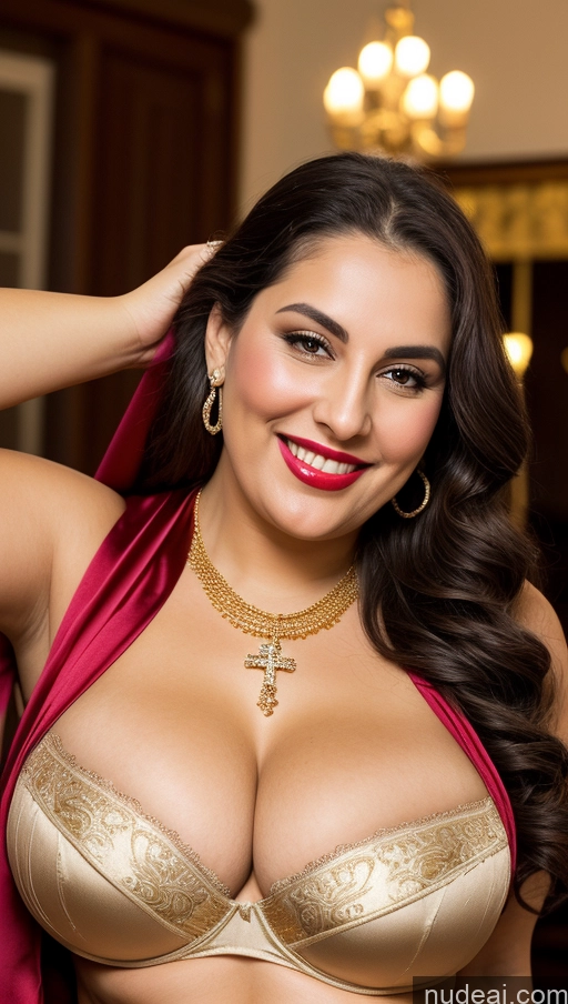 ai nude image of araffe woman in a gold bra and red shawl posing for a picture pics of Milf Busty Beautiful Lipstick Chubby Thick Fat Big Hips 20s Happy Seductive Brunette Long Hair Russian Party Front View Straddling Nun Bra Sari Victorian Cleavage Gold Jewelry