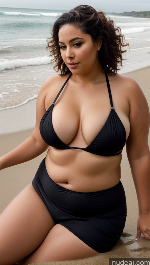 ai nude image of araffe woman in a black bikini sitting on the beach pics of Woman One Small Tits Beautiful Thick Chubby Fat Big Hips 50s Sexy Face Black Hair Marquise Hair Latina Beach Full Frontal Breast Grab