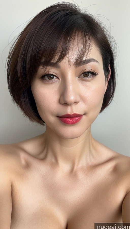 ai nude image of arafed asian woman with a short hair and a red lipstick pics of Woman One Huge Boobs Beautiful Lipstick Fairer Skin 40s Short Hair Korean Close-up View Detailed Simple