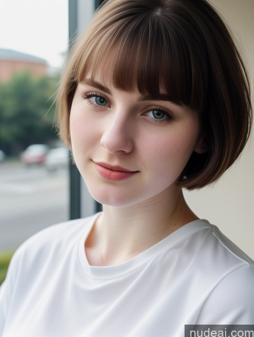 ai nude image of there is a woman with a white shirt and a brown hair pics of Beautiful Fairer Skin Thick 18 Brunette Bobcut Russian Close-up View Shirt