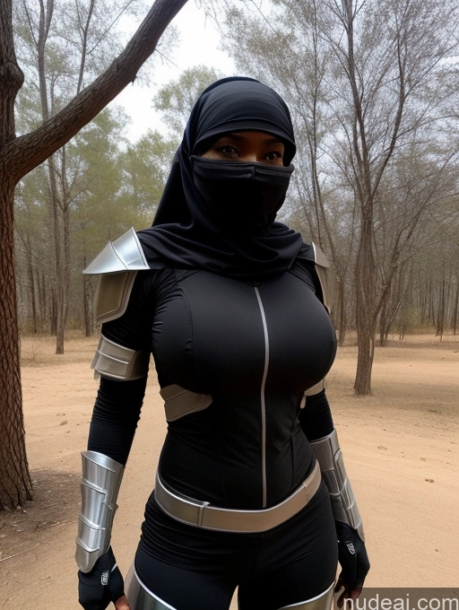 ai nude image of araffe in a black outfit and a black mask stands in a wooded area pics of Athlete Huge Boobs Niqab Sci-fi Armor Black