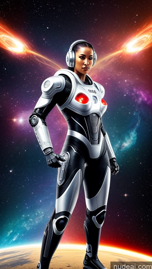 ai nude image of arafed woman in a futuristic suit standing in front of a planet pics of Space Suit Cyborg Powering Up