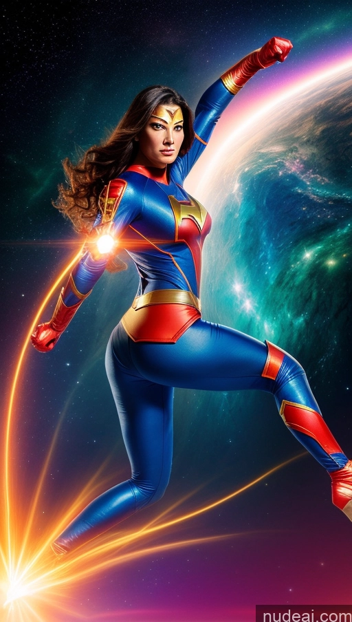 ai nude image of a woman in a blue and red costume is flying through the air pics of Space Suit Superheroine Powering Up