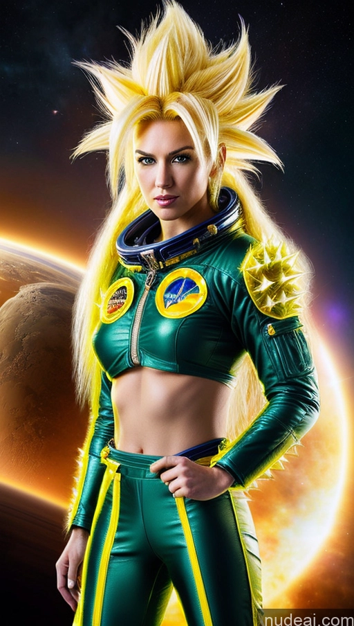 ai nude image of arafed woman in a space suit posing for a picture pics of Space Suit Super Saiyan 3 Neon Lights Clothes: Yellow