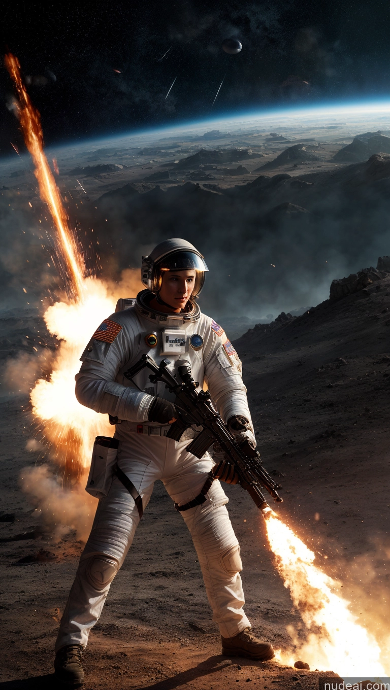 ai nude image of astronaut in space suit with rifle and fire in front of planet pics of Space Suit Battlefield Powering Up