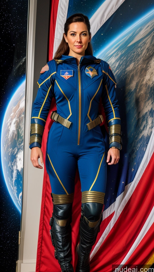 ai nude image of arafed woman in a space suit standing in front of a flag pics of Space Suit Military Superhero