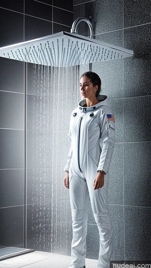 ai nude image of arafed woman in a space suit standing under a shower head pics of Space Suit Shower