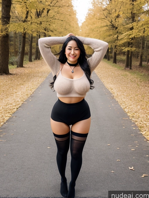 ai nude image of araffe woman in tight black shorts and stockings posing for a picture pics of Happy Busty Big Hips Perfect Body Skinny Beautiful Black Hair Nude Choker T-pose Pubic Hair Thigh Socks Stylish Chinese Long Hair Sweater