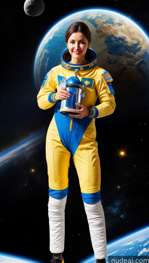 ai nude image of arafed woman in yellow and blue space suit holding a trophy pics of Space Suit Ukraine