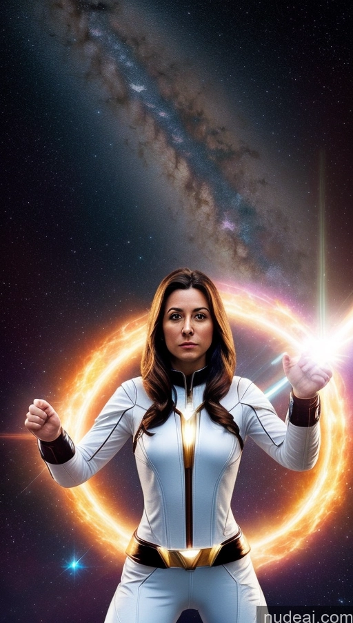 ai nude image of a woman in a white suit holding a glowing light in front of a galaxy pics of Space Suit Powering Up Mary Thunderbolt Power Rangers One