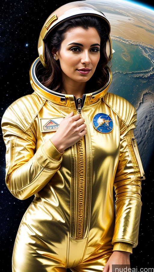 ai nude image of arafed woman in a gold space suit standing in front of a planet pics of Space Suit Gold Jewelry