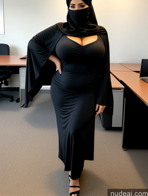 ai nude image of araffe woman in a black dress and a black cape pics of Milf One Chubby Big Hips 40s Sexy Face Black Hair Malaysian Office High Heels Busty Messy Perfect Boobs T-pose Front View Niqab